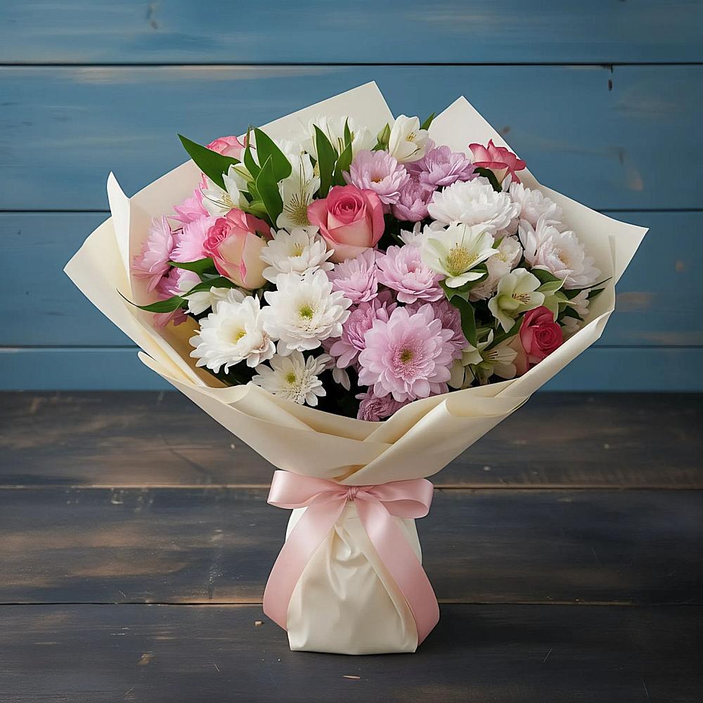 Букет цветов из: Хризантемы, Альстромерии и Розы в Хрущево